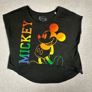 Disney Mickey Mouse Rainbow Graphic Crop Top Womens Large Black Tee